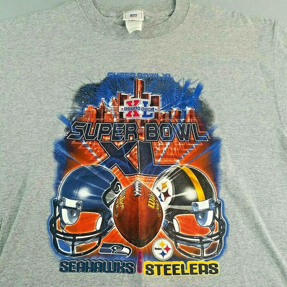 NFL Superbowl XL Seattle Seahawks vs. Pittsburgh Steelers Graphic TShirt Sz L